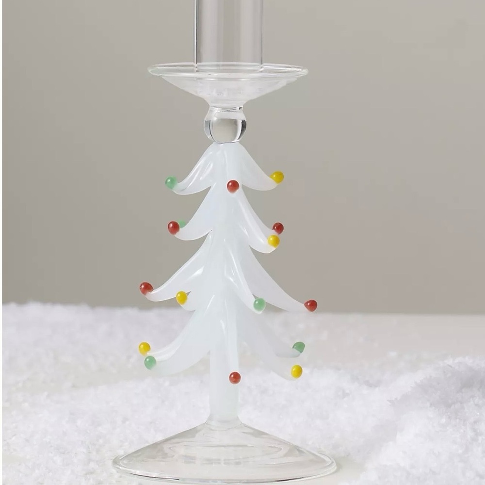 Anthropologie Yuletide Glass Taper Candle Holder Christmas Tree White 7.5”